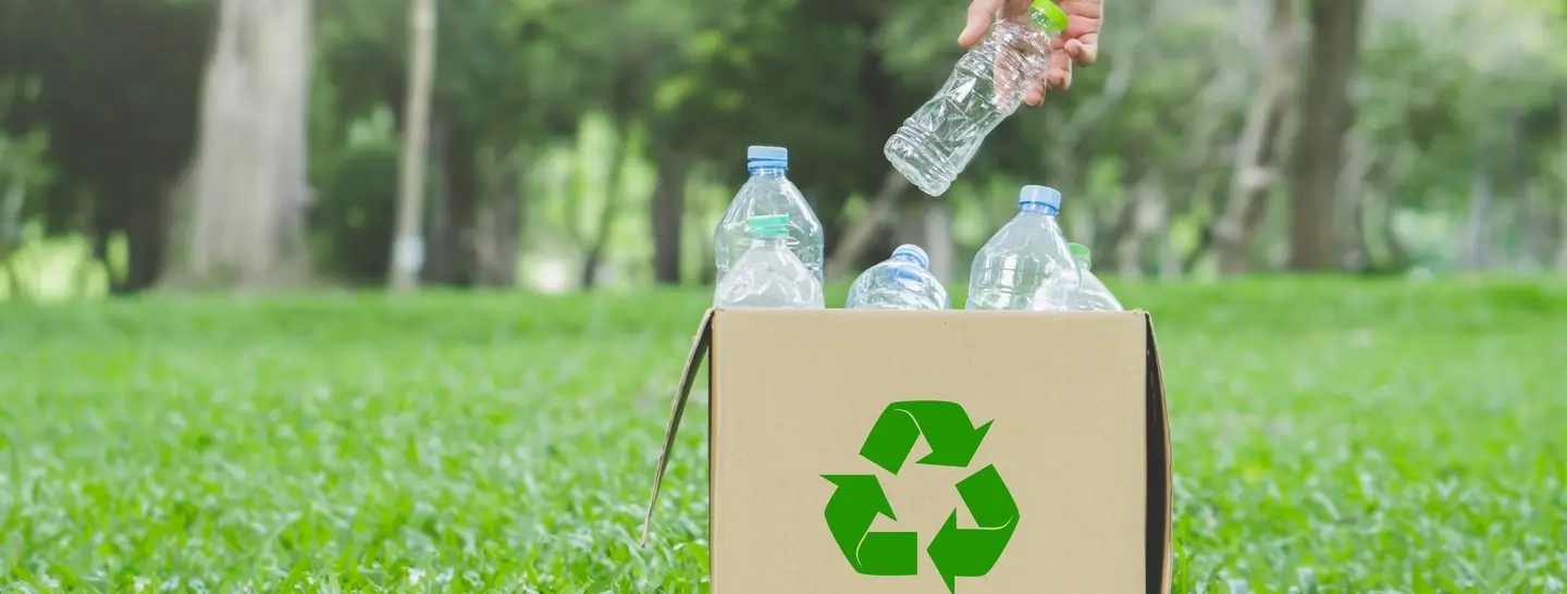 Botellas de plástico dentro de una caja de cartón representando el Día Mundial del Reciclaje.
